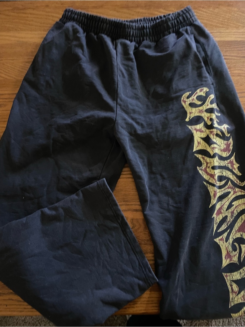 YoungLA Black Sweatpants with Gold and Maroon Flame Detail